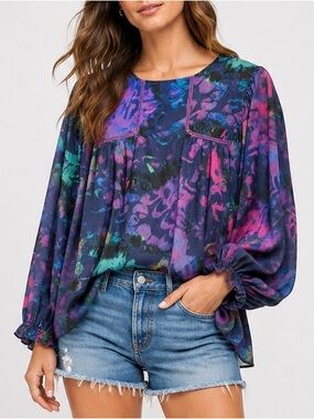 French Connection Jewel Tone Semi Sheer Balloon Sleeve Poet Blouse Small